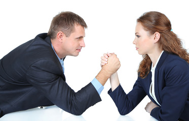 Business people wrestling isolated on white