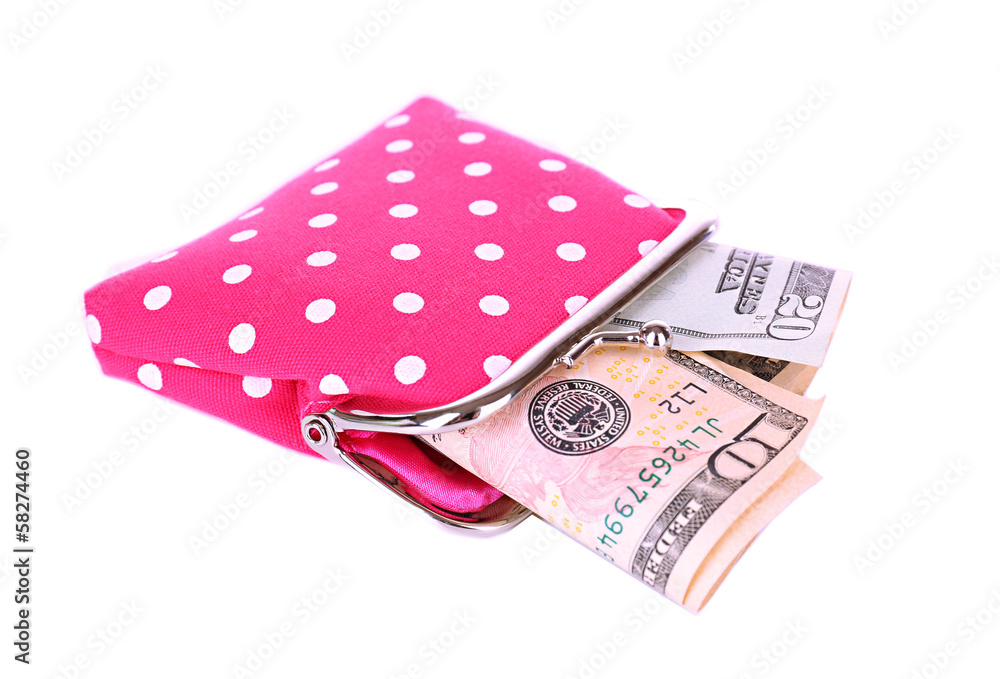 Pink purse with money isolated on white