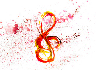 Sticker - treble clef in red and yellow spot  blotch watercolors isolated