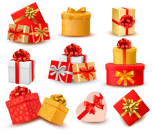 Set Of Colorful Gift Boxes With Bows And Ribbons. Vector