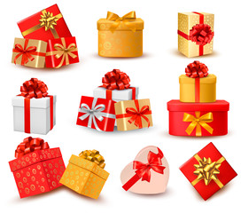 Leinwandbilder - Set of colorful gift boxes with bows and ribbons. Vector