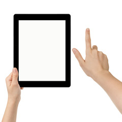 Sticker - female teen hands using tablet pc with white screen