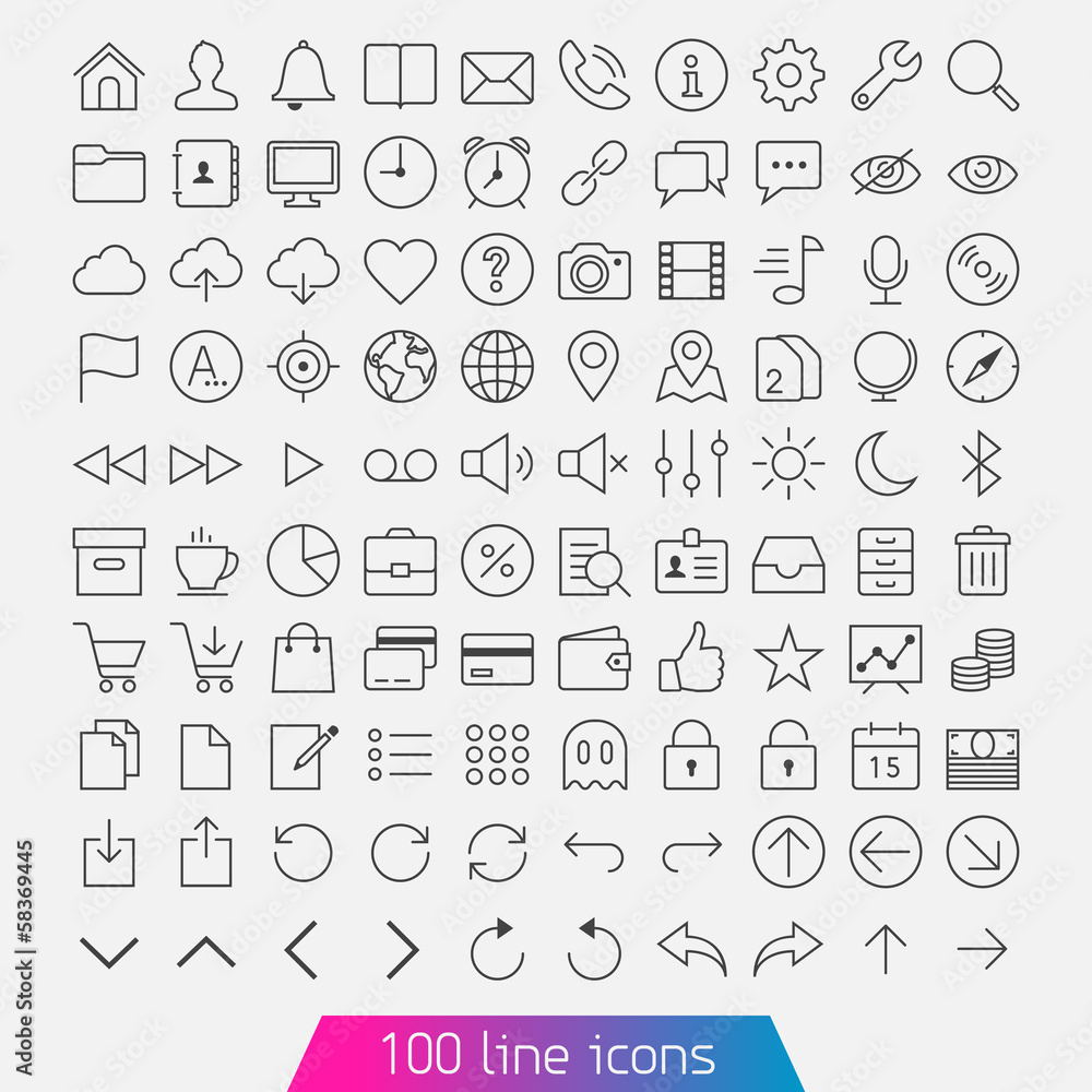 100 line icon set. Trendy thin and simple icons for Web and Mobi - obrazy, fototapety, plakaty 