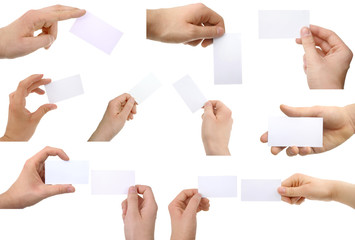 Hands hold business cards collage on white background