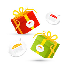 Sticker - Red, Green Vector Present Box, Gift Box Set