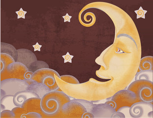 Wall Mural - retro style half moon, clouds and stars illustration