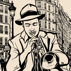 Wall Mural - trumpet player on a cityscape background