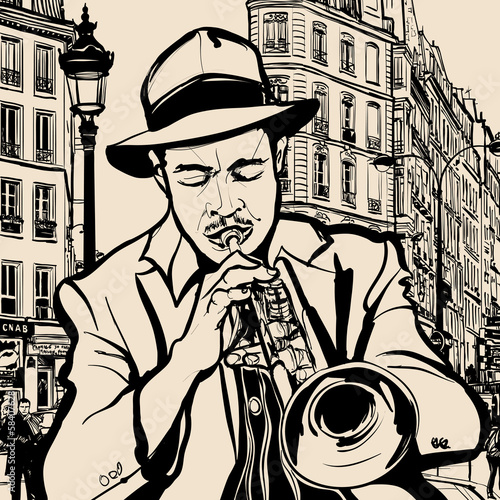 Fototapeta na wymiar trumpet player on a cityscape background