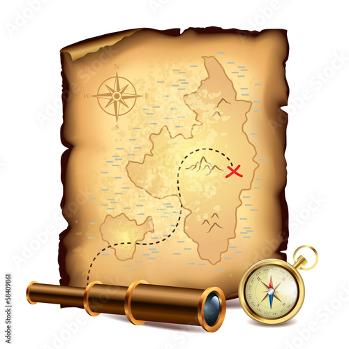 Fotografía Pirates treasure map with spyglass and compass