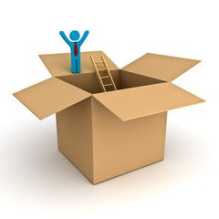 Fototapete - business man standing with arms wide open on top of opened box