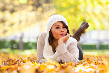 Autumn outdoor portrait of beautiful young woman - Caucasian peo