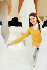 Sticker - bride chooses bridal gown in wedding boutique