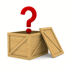 Wall Mural - empty wooden box and question. Isolated 3D image