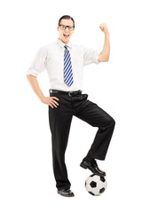 Poster - Smiling man with a football gesturing happiness