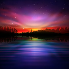 Wall Mural - abstract background with forest lake and sunrise
