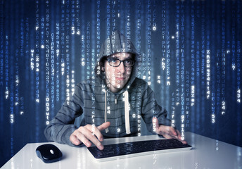 Poster - Hacker decoding information from futuristic network technology