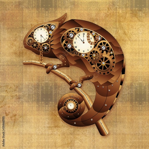 Obraz na płótnie canvas czteroczęściowy "tetraptyk" Steampunk kameleon vintage, styl, antyczny, kameleon, zabawka