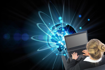 Aufkleber - Composite image of businesswoman sitting on swivel chair with la