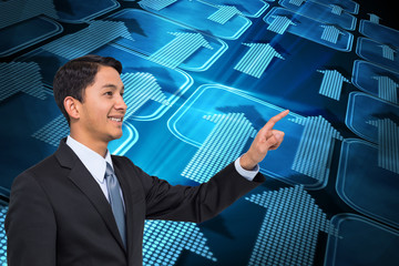 Poster - Composite image of smiling asian businessman pointing