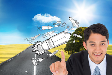 Poster - Composite image of smiling asian businessman pointing