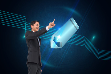 Poster - Composite image of smiling asian businessman pointing