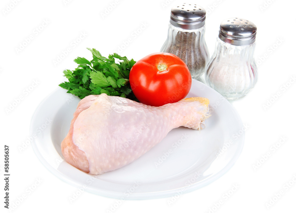 Raw chicken leg isolated on white