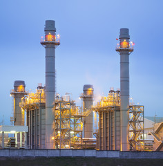 Power plant, gas fired power station. Industrial factory may called combined cycle gas turbine plant or CCGT. Electricity energy generation by natural gas, heat recovery steam generator and boiler.