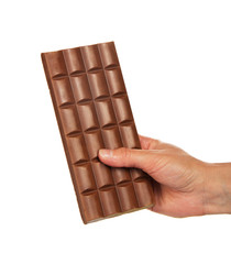 Tile of milk chocolate in the female hand