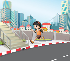 Poster - A girl running at the street near the stairs