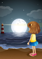 Wall Mural - A girl watching the lighthouse in the beach