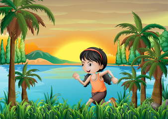 Wall Mural - A girl jogging near the lake