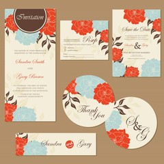 Set of vintage floral wedding invitation cards