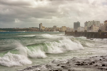 Wall Mural - Tropical storm with huge waves in Havana