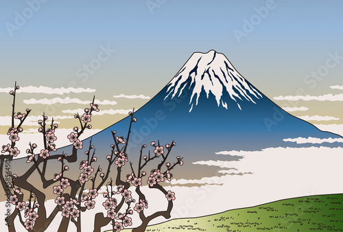 Naklejka samoprzylepna Fuji i śliwkowe kwiaty