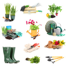 Collage Of Gardening Equipment Isolated On White