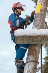 Electrician working on a power line pole