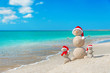 © EMrpize - Snowmans family at sea beach in santa hat. New years and christm