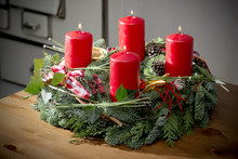 Advent Wreath With Burning Red Candles