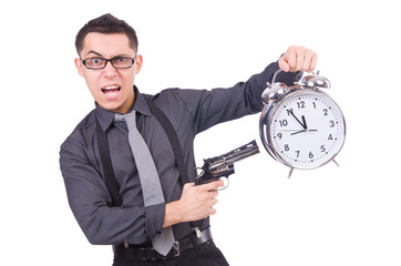 Funny businessman with clock and gun