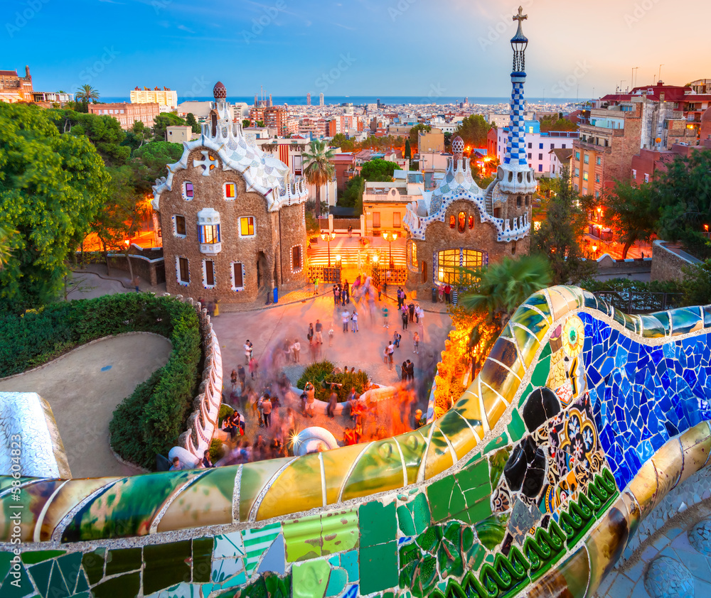 Park Guell in Barcelona, Spain. - obrazy, fototapety, plakaty 