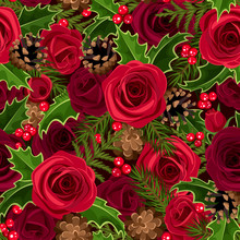 Christmas Seamless Background With Roses And Holly. Vector.