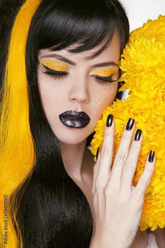 Nowoczesny obraz na płótnie Punk Girl Portrait with Colorful Makeup, Long Hair, Nail polish.