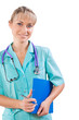 beautiful female doctor holding blue clipboard isolated