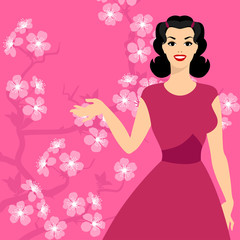 Wall Mural - Card with pin up girl and stylized cherry blossom.