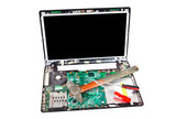 Fototapeta Miasta - Laptop disassembled with hammer and screwdrivers on it