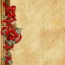 Christmas Garland With Poinsettia On The Vintage Background