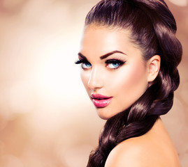 Wall Mural - hair braid. beautiful woman with healthy long brown hair