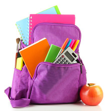 Purple Backpack With School Supplies Isolated On White