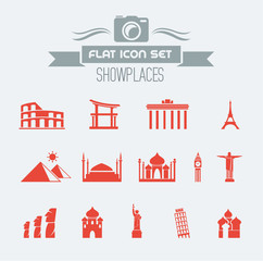 Landmarks Flat Icon Set with Lable. Vector EPS 10.