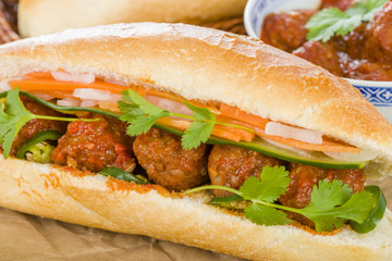 Wall Mural - Banh Mi Xiu Mai - Vietnamese sandwich with meatballs